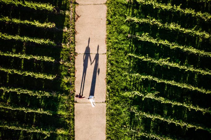 Schatten eines Hochzeitspaares mit einer Drohne fotografiert